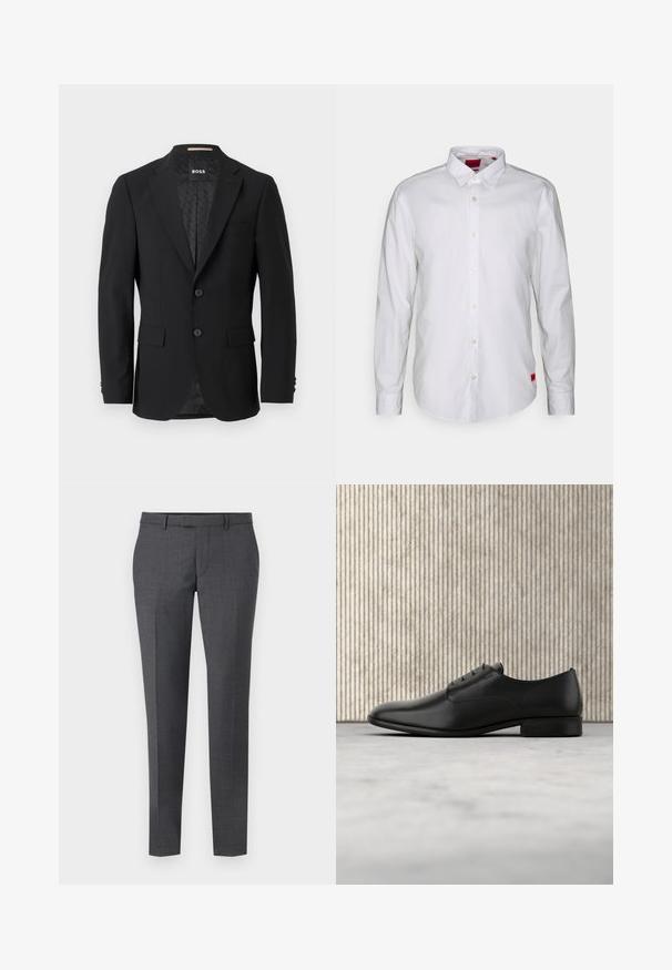 Sort blazer med en en-knoob design, klippet revers, to forlommer og to knapper. Glat stof med et mønstret inderfor.; Hvid langærmet skjorte med knap-udskæring, lavet af letvægtsstof. Har et subtilt mærke i rødt nederst.; Grå skræddersyede bukser med en glat tekstur, lige pasform, flad front og bæltesløjfer. Har et subtilt ternet mønster og en kant ned foran.; Sorte læderdressko med et elegant design, rund tå, fem snøre-læseøjer og en lille hæl. Diskret prægede logo-detaljer.