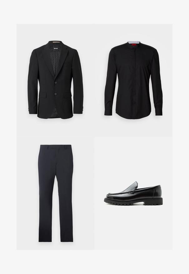 Sort blazer med en en-knoob design, klippet revers, to forlommer og to knapper. Glat stof med et mønstret inderfor.; Sort langærmet skjorte med mandarin-krave, lavet af et glat stof, med knaplukning foran og diskrete designdetaljer.; Marine formelle bukser lavet af glat stof. Har en flad front, bæltesløjfer og sidelommer, med en skræddersyet lige pasform.; Sort læderloafer med chunky gummisål, syet overdel og præget mærkenavn på hælen, vist i sideprofil på hvid baggrund.