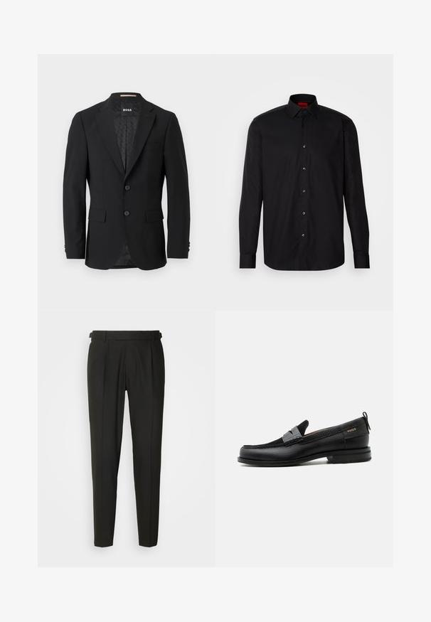 Schwarzes Blazer mit einem einreihigen Design, Reverskragen, zwei vorderen Taschen und zwei Knöpfen. Glattes Gewebe mit einem gemusterten Innenfutter.; Schwarzes Langarmhemd aus glattem Stoff, mit klassischem Kragen, Knopfverschluss vorne und taillierter Passform.; Schwarze maßgeschneiderte Hose mit flacher Vorderseite, zwei Falten, Gürtelschlaufen und geradem Bein. Hergestellt aus glattem, leichtem Stoff.; Schwarzer Lederloafer mit grauem Riemendetail, niedrigem Absatz und strukturierter Sohle, seitlich mit „HUGO“ in Gold gebrandmarkt.