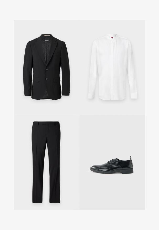 Schwarzes Blazer mit einem einreihigen Design, Reverskragen, zwei vorderen Taschen und zwei Knöpfen. Glattes Gewebe mit einem gemusterten Innenfutter.; Weißes Langarmhemd mit Stehkragen und verdeckter Knopfleiste, vor einem schlichten hellen Hintergrund präsentiert.; Schwarze, maßgeschneiderte Hose mit geradem Bein, ausgestattet mit einer glatten Textur, gefaltetem Vorderteil und einem klassischen Bund für ein formelles Erscheinungsbild.; Glänzender schwarzer Lederschuh mit niedrigem Absatz, Schnürverschluss und runder Kappe, seitlich auf hellem, schlichten Hintergrund gezeigt.