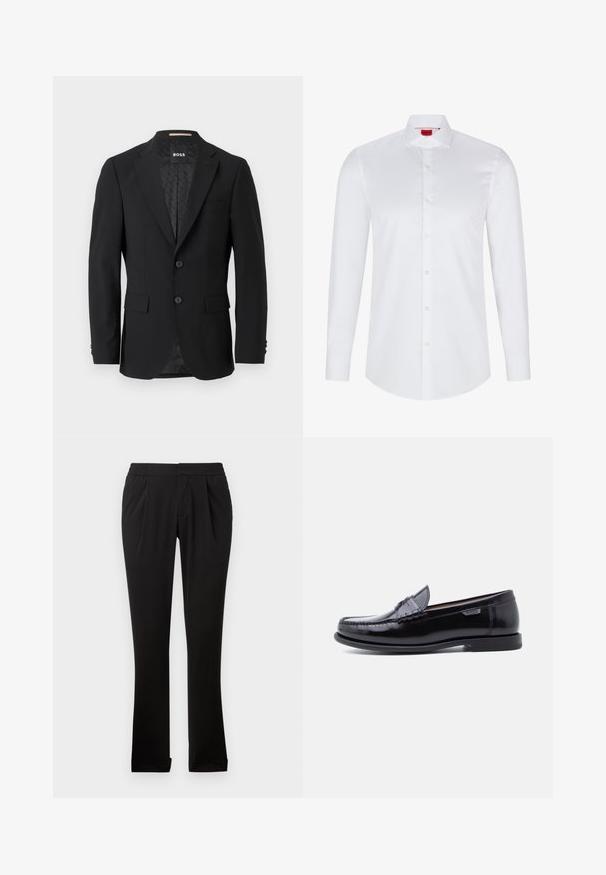 Blazer negro con un diseño de botonadura simple, solapas muestradas, dos bolsillos frontales y dos botones. Tejido suave con un forro interior estampado.; Camisa blanca de manga larga con botones, hecha de algodón suave. Presenta un cuello clásico, una botonera completa y un dobladillo redondeado.; Pantalones negros de tela suave con cinturilla elástica, perneras rectas, pliegues frontales y dobladillos vueltos. Diseño sencillo y versátil.; Mocasines de cuero negro con acabado brillante, que presentan un diseño cosido en la puntera y una suela baja de goma negra texturizada.