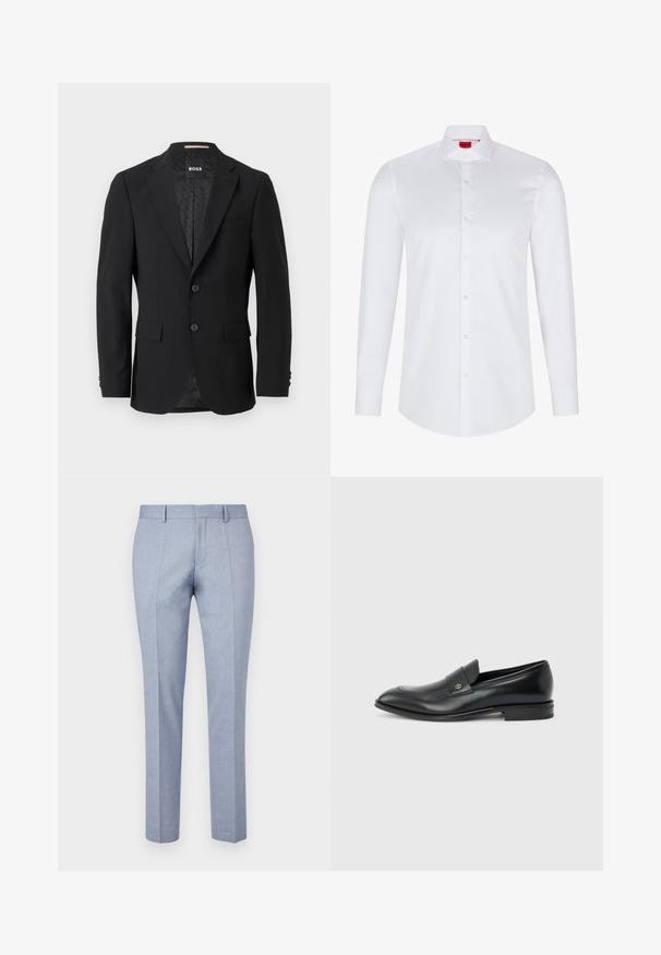 Zwarte blazer met een enkelvoudige sluiting, metkleppen, twee voorzakken en twee knopen. Gladde stof met een gemusterde binnenvoering.; Witte lange mouwen knoopsluiting shirt gemaakt van soepel katoen. Beschikt over een klassieke kraag, volledige knoopsluiting en afgeronde zoom.; Lichtblauwe op maat gemaakte broek met een gladde stofstructuur, voorzien van een rechte voorkant, twee zijzakken en een slim fit ontwerp.; Zwarte leren herenslipper met lage hak, afgeronde neus en klein metalen logo op het riempje, zijaanzicht tegen een effen achtergrond.