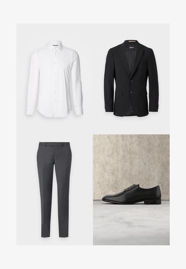Sort blazer med en en-knoob design, klippet revers, to forlommer og to knapper. Glat stof med et mønstret inderfor.; Hvid langærmet skjorte lavet af glat stof, med klassisk krave og knap-front design samt en buet kant. Knapperne er diskret blanke.; Grå skræddersyede bukser med en glat tekstur, lige pasform, flad front og bæltesløjfer. Har et subtilt ternet mønster og en kant ned foran.; Sorte læderdressko med et elegant design, rund tå, fem snøre-læseøjer og en lille hæl. Diskret prægede logo-detaljer.