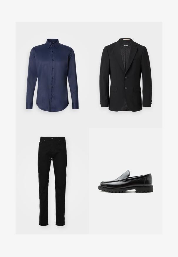 Zwarte blazer met een enkelvoudige sluiting, metkleppen, twee voorzakken en twee knopen. Gladde stof met een gemusterde binnenvoering.; Navyblauwe herenoverhemd met lange mouwen, puntige kraag en knoopsluiting aan de voorkant, weergegeven op een eenvoudige witte achtergrond.; Zwarte denim jeans met een slim fit, voorzien van een klassiek vijf-pocket ontwerp, metalen knoop en gestikte details op de zakken.; Zwarte leren loafer met dikke rubberen zool, gestikte bovenkant en gegraveerde merknaam op de hiel, zijaanzicht op witte achtergrond.