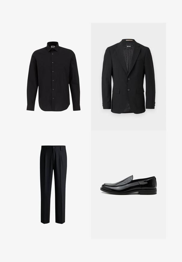 Schwarzes Blazer mit einem einreihigen Design, Reverskragen, zwei vorderen Taschen und zwei Knöpfen. Glattes Gewebe mit einem gemusterten Innenfutter.; Schwarze Langarm-Hemdbluse aus gewebtem Stoff, ausgestattet mit einem klassischen Kragen, geradem Saum und schwarzen Knöpfen an der Vorderseite.; Schwarze Hose aus glattem Stoff, mit geradem Bein-Design, Falten vorne und einem Knopfverschluss mit Gürtelschlaufen.; Schwarzer glänzender Lederslipper mit niedrigem Absatz und abgerundeter Spitze, seitlich auf weißem Hintergrund betrachtet.