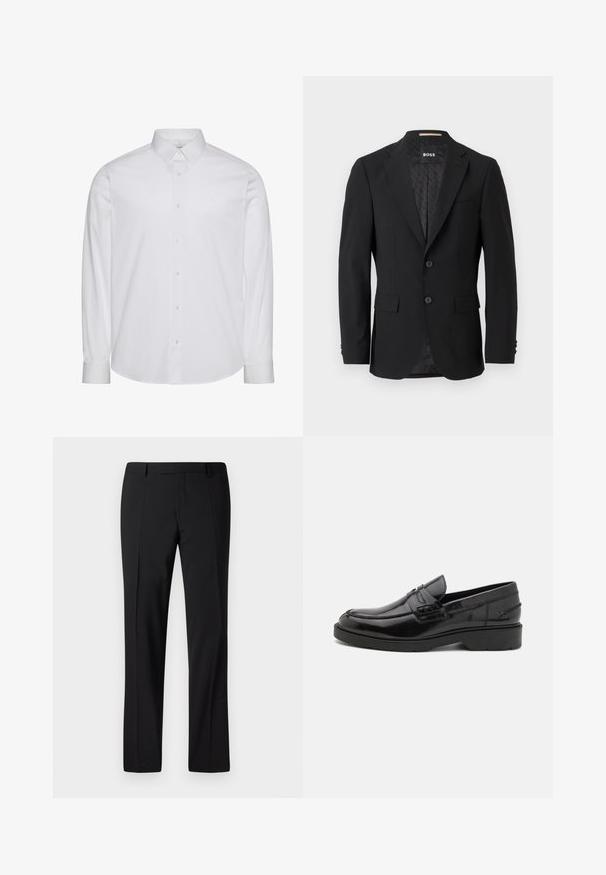 Blazer negro con un diseño de botonadura simple, solapas muestradas, dos bolsillos frontales y dos botones. Tejido suave con un forro interior estampado.; Camisa blanca de manga larga con botones, hecha de algodón. Presenta un cuello estándar, tapeta frontal con botones y dobladillo redondeado. Logo de la marca discreto.; Pantalones negros ajustados con un diseño de pierna recta, que presentan una textura suave, pliegues frontales y una cinturilla clásica para un aspecto formal.; Mocasines de cuero negro con un acabado suave, punta redondeada, tacón bajo y costura decorativa en la parte delantera. Suela de goma para mayor agarre.