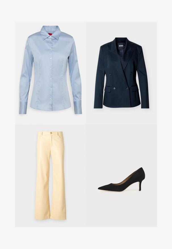 Marineblauw dubbelgebreid colbert met piek rever, vier zwarte knopen, twee voorzakken met klep en een binnenlabel met "BOSS".; Lichtblauw button-up shirt van gladde stof, met een klassieke kraag, lange mouwen en een rechte pasvorm met subtiele stikseldetails.; Brede broek in een lichtgele kleur, gemaakt van glad, glanzend materiaal. Voorzien van een voorknoop, twee zijzakken en een rechte snit.; Zwarte suède pumps met spitse neus, een slanke middenhoge naaldhak en een laag uitgesneden ontwerp op een effen achtergrond.