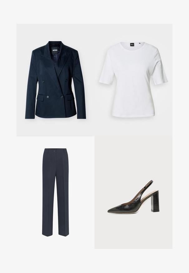 Marineblå dobbeltradet blazer med spidse revers, fire sorte knapper, to forlommer med klap og indvendig "BOSS"-mærke.; Hvid T-shirt med korte ærmer og rund hals, med en tætsiddende pasform og et lille sort BOSS-mærke ved halskanten.; Marineblå, skræddersyede bukser med lige ben, der har lukkefunktion foran med knap og diskrete stolpefure detaljer. Glat stofstruktur.; Sort læder peep-toe slingback sko med høj blokhæl og beige indvendig foring mod en ensfarvet lys baggrund.