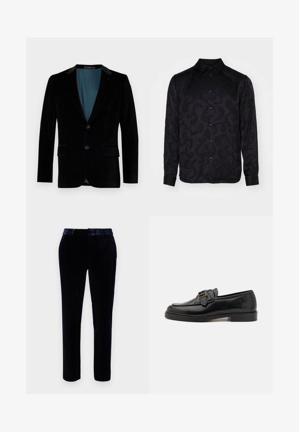 Blazer de terciopelo negro con un corte ajustado, solapas con muesca, dos bolsillos frontales, un cierre de un solo botón y un forro de color teal en contraste.; Camisa negra de manga larga con un sutil patrón de paisley texturizado, que presenta un cuello puntiagudo y cierre frontal con botones. Tejido suave.; Pantalones de terciopelo azul oscuro con un frente plano, presillas para cinturón y un diseño ajustado. La textura suave y el brillo sutil mejoran la apariencia.; Mocasines de cuero negro con punta redonda y un acento decorativo de hebilla. Tacón plano y sólido, con una textura suave en todo el zapato.