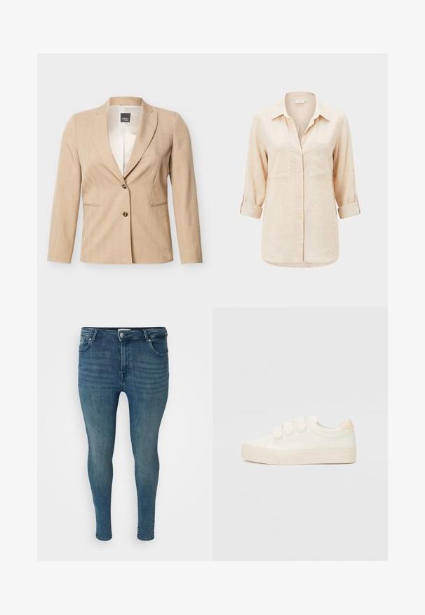 Blazer beige a medida con dos botones y solapas con muesca, con bolsillos de ojal y un forro interior suave.; Camisa beige de manga larga con cuello, dos bolsillos en el pecho y mangas remangadas.; Jeans ajustados en denim azul medio con una textura suave, diseño de cinco bolsillos, pasadores para cinturón y cierre de botón en la cintura.; Zapatillas blancas con un upper de material sintético liso, tres tiras de velcro, puntera redonda y suela de goma con textura. Acento trasero en beige.