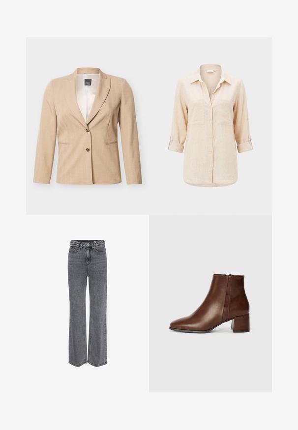 Beige skræddersyet blazer med to knapper og hakkede revers, med indsatte lommer og en glat inderfor.; Beige langærmet skjorte med krave, to brystlommer og op-rullede ærmer.; Grå denimjeans i høj talje og med lige ben, med frontknap, lynlåslukning og klassisk design med fem lommer.; Brune læder ankelstøvler med spids tå og blokhæl. Har en lynlås i siden og en glat overflade med minimal syning.