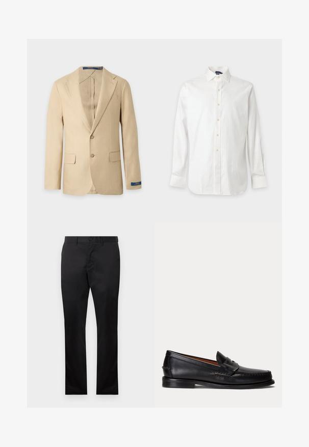 Beige herreblazer med to knapper, hakkede revers, klaplommer og en Polo Ralph Lauren etiket på venstre ærmekant.; Hvid langærmet skjorte med knapper og krave samt beige knapper, vist mod en ensfarvet lys baggrund.; Sorte bomuldsbukser med lige ben-design, der har en frontknaplukning og sidelommer, glat tekstur, ingen synlige mønstre.; Sort læderloafer med lav hæl og pennyremdetalje, vist fra siden på en lysegrå baggrund.
