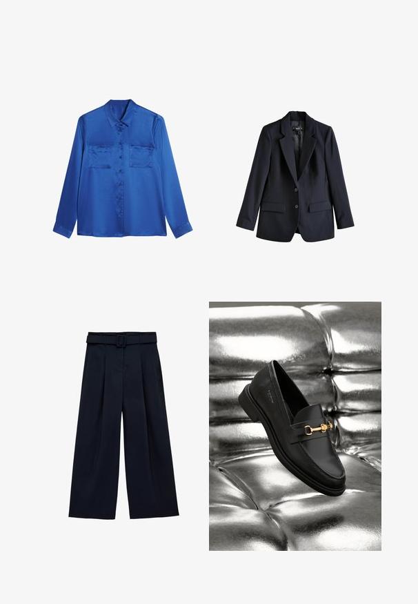 Blazer azul marino hecho de tejido suave, con solapas de muesca, dos bolsillos frontales y dos botones. Diseño sencillo con una forma ajustada.; Blusa de satén azul con cuello tipo camisa, mangas largas, dos bolsillos en el pecho y cierre de botones en la parte delantera. Textura suave y brillante.; Pantalones de pierna ancha azul marino con pliegues y cinturón de tela a juego con hebilla rectangular en la cintura.; Mocasín de cuero negro con un detalle de herrajes en tono dorado. El zapato presenta un diseño elegante y una textura suave y brillante.