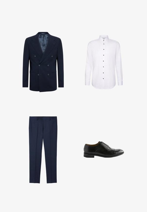 Marineblauwe dubbelbreasted blazer van gemêleerde stof, met twee grote zijzakken, twee knopen en een gladde voering.; Wit overhemd met lange mouwen, zwarte knopen, puntkraag en met knopen gesloten manchetten, getoond op een effen witte achtergrond.; Marineblauwe, op maat gemaakte broek van een soepele stof. Voorzien van een knoopsluiting, zijzakken en een recht model.; Zwarte leren dresschoenen met een ronde neus, een gladde afwerking en een vetersluiting. Beschikt over een lage hak en subtiele stiksels.