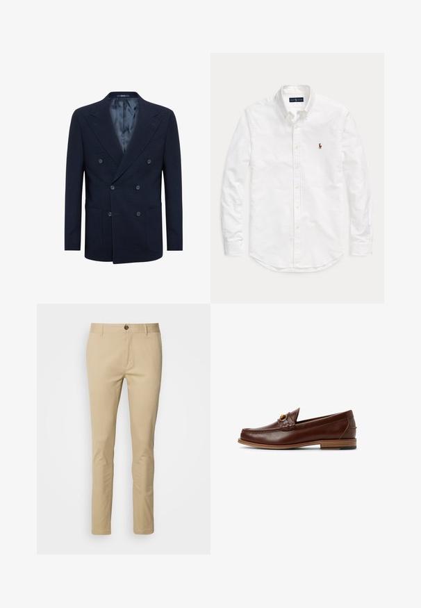 Blazer de doble botonadura en color marino, confeccionado en una tela texturizada, que cuenta con dos grandes bolsillos frontales, dos botones y un forro interior suave.; Camisa blanca de manga larga con botones, cuello y pequeño logotipo bordado en el pecho izquierdo, colocada plana sobre fondo liso.; Chinos beige de corte slim, fabricados en algodón. Presentan un cierre de botón, trabillas para el cinturón y detalles de costura sutiles en los bolsillos.; Mocasines de cuero marrón con un detalle trenzado y un acento dorado. Tacón plano de madera con agarre de goma negra. Textura suave, diseño clásico.