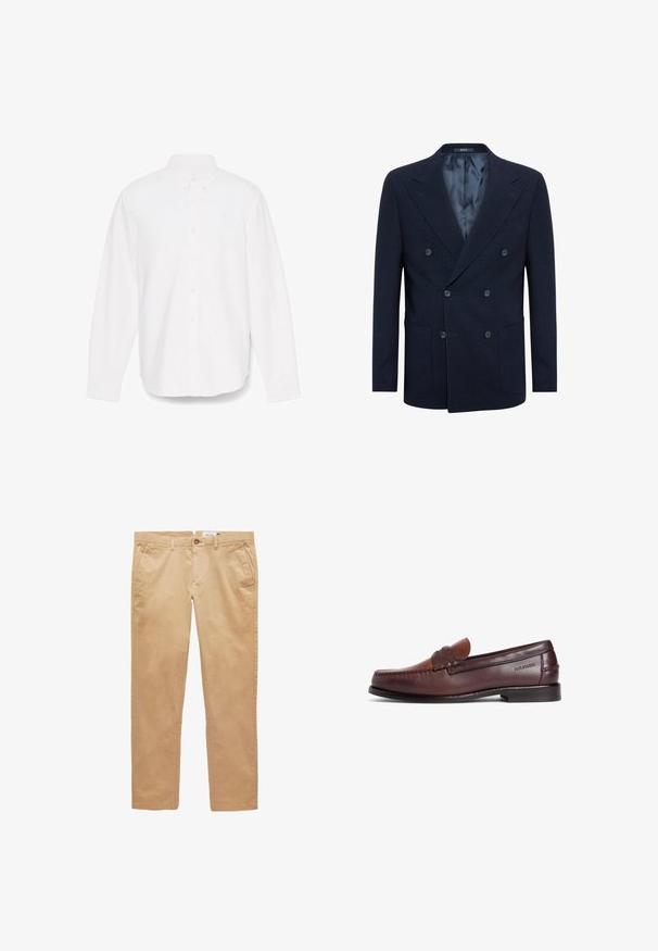 Blazer de doble botonadura en color marino, confeccionado en una tela texturizada, que cuenta con dos grandes bolsillos frontales, dos botones y un forro interior suave.; Camisa blanca de manga larga con botón, cuello puntiagudo, un bolsillo y tejido texturizado sutil. Presenta puños con botones y un dobladillo recto.; Pantalones de algodón beige de pierna recta con trabillas para el cinturón, bolsillos delanteros y cierre de botón.; Mocasín de cuero marrón con acabado liso, con una correa decorativa y detalles de costura. Tacón bajo y diseño de punta redondeada.