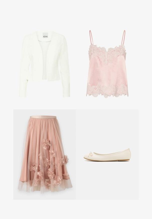Blazer blanc ajusté à manches longues, design ouvert à l'avant, confectionné dans un tissu lisse, présentant un léger éclat et sans fermetures visibles.; Caraco en satin rose clair avec bordure en dentelle blanche le long de l'encolure et de l'ourlet, avec fines bretelles réglables.; Jupe en tulle rose pâle avec une ceinture en satin. Comprend plusieurs couches de tissu transparent et des appliqués floraux en trois dimensions sur toute la surface.; Ballet flats de couleur crème avec un bout arrondi, un petit nœud sur le devant et une semelle beige texturée. Matériau synthétique lisse.