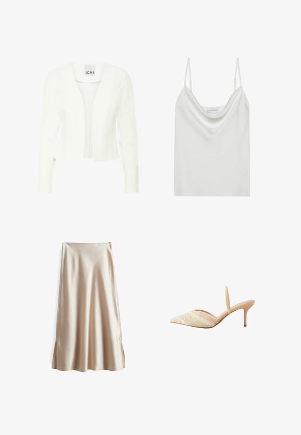 Weißes tailliertes Blazerjackett mit langen Ärmeln, offenem Vorderdesign, aus glattem Stoff, mit einem subtilen Glanz und ohne sichtbare Verschlüsse.; Weiße Satin-Camisole mit drapiertem Ausschnitt, dünnen verstellbaren Trägern und geradem Saum. Das Etikett "ANNA FIELD" ist sichtbar innen.; Satinrock in einem hellbeigen Farbton, mit einem glatten Material, ausgestelltem Design und seitlichen Schlitzen für bessere Bewegungsfreiheit.; Beiger Slingback-Pumps mit spitz zulaufender Vorderkappe, dünnem Riemen und niedrigem Stilettoabsatz, mit einem strukturierten Frontdesign mit kleinen Perlen.