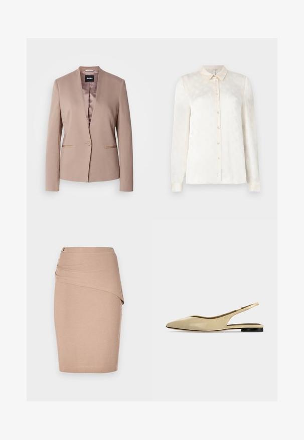 Blushroze blazer met een notched lapel, enkele knoopsluiting, twee voorzakken en een gladde satijnen voering. Zachte, gestructureerde stof.; Witte langslokige blouse met een kraag, knoopsluiting aan de voorkant, gemaakt van een gladde stof met een subtiel reliëfpatroon.; Beige kokerrok tot de knie, gemaakt van ribbelstof, met een gedrapeerd voorpand en een zilveren rits aan de zijkant. Gladde textuur.; Beige platte slingback schoen met puntige neus, lage zwarte hak en een glad leren afwerking, zijaanzicht op een effen achtergrond.