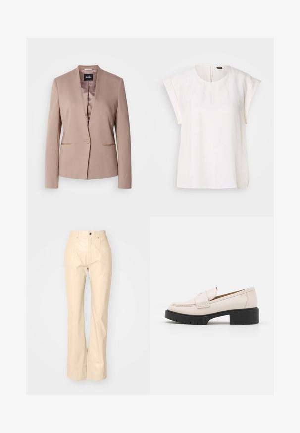 Blushroze blazer met een notched lapel, enkele knoopsluiting, twee voorzakken en een gladde satijnen voering. Zachte, gestructureerde stof.; Witte blouse met korte mouwen, ronde halslijn en losse pasvorm, met een klein zwart-oranje label aan de achterkant van de kraag.; Beige faux leren flarebroeken met een soepele textuur, voorzien van voorzakken, een knoopsluiting en een subtiele glansafwerking.; Lichtbeige leren loafers met een gestikte voorkant en een textuur met een zwarte plateauhak. Beschikt over een gebogen ontwerp en een lichte verhoging.