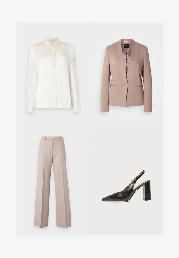 Blushroze blazer met een notched lapel, enkele knoopsluiting, twee voorzakken en een gladde satijnen voering. Zachte, gestructureerde stof.; Witte langslokige blouse met een kraag, knoopsluiting aan de voorkant, gemaakt van een gladde stof met een subtiel reliëfpatroon.; Beige wijde broek van een soepele stof, met een hoge taille, voorkreuken en een op maat gemaakte pasvorm.; Zwarte leren slingback schoen met spits toelopend neusje, hoge blokhak en beige binnenvoering tegen een effen lichte achtergrond.