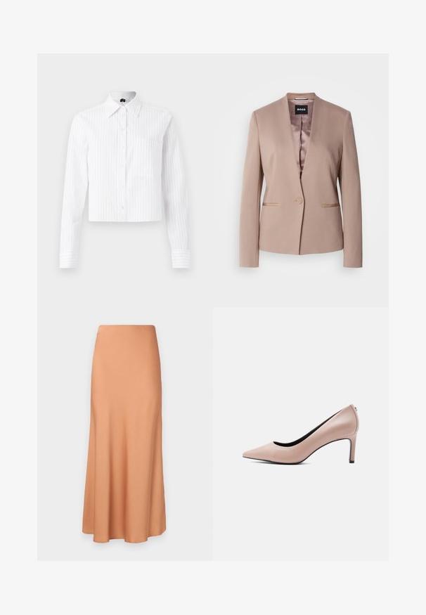 Blushroze blazer met een notched lapel, enkele knoopsluiting, twee voorzakken en een gladde satijnen voering. Zachte, gestructureerde stof.; Witte cropped button-up shirt met lichtblauwe verticale strepen, lange mouwen, één borstzak en klassieke kraag. Katoenmix stof.; Lange, uitlopende rok van een zachte perzikstof. Heeft een gladde tailleband en valt soepel naar een taps toelopende zoom. Geen zichtbare patronen of accenten.; Beige pump met spitse neus en een slanke naaldhak op een effen witte achtergrond.