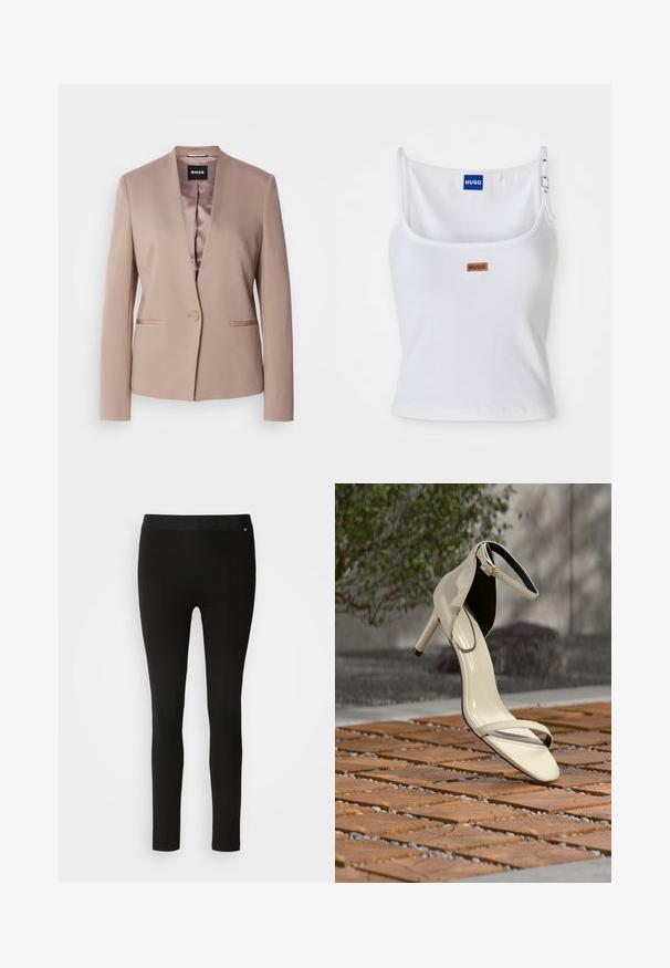 Blush pink blazer med spidse klapper, enkelt knaplukning, to forlommer og en glat satinforing. Blødt, struktureret stof.; Hvid ribbet tanktop med justerbare stropper, der har et blåt logo-label og et lille brunt tag, fremstillet af blødt, strækbart materiale.; Sorte leggings med en glat tekstur, featuring en fleksibel talje og diskret sømdetalje. Ingen mønstre eller hardware er til stede.; Beige sandal med høj hæl og ankelrem stående på træsplinter udendørs, med sløret grønt område og betonbaggrund.