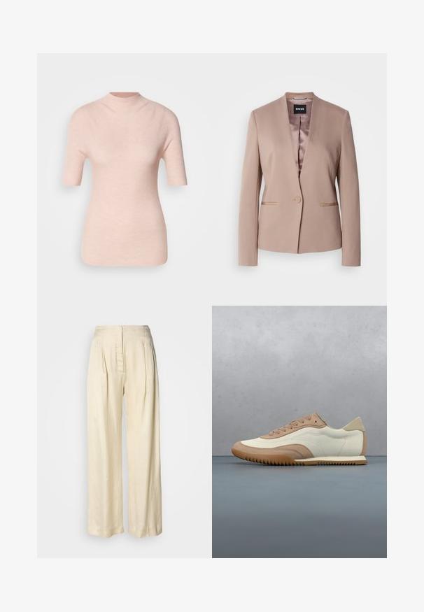 Blush-pinker Blazer mit Reverskragen, einer Knopfverschluss, zwei Fronttaschen und einem glatten Satinfutter. Weicher, strukturierter Stoff.; Helles rosa, kurzärmliges Oberteil mit hochgeschlossenem Kragen, das ein strukturiertes Rippmuster auf einem neutralen Hintergrund aufweist.; Hohe Taille, cremefarbene Seidenhose mit Falten, weitem Bein und einem versteckten Reißverschluss vorne vor schlichtem weißem Hintergrund.; Beige-weißer Sneaker mit einer strukturierten Oberseite, Schnürsenkeln und einer Gummisohle, präsentiert über einer Holzfläche mit Kieselsteinen.