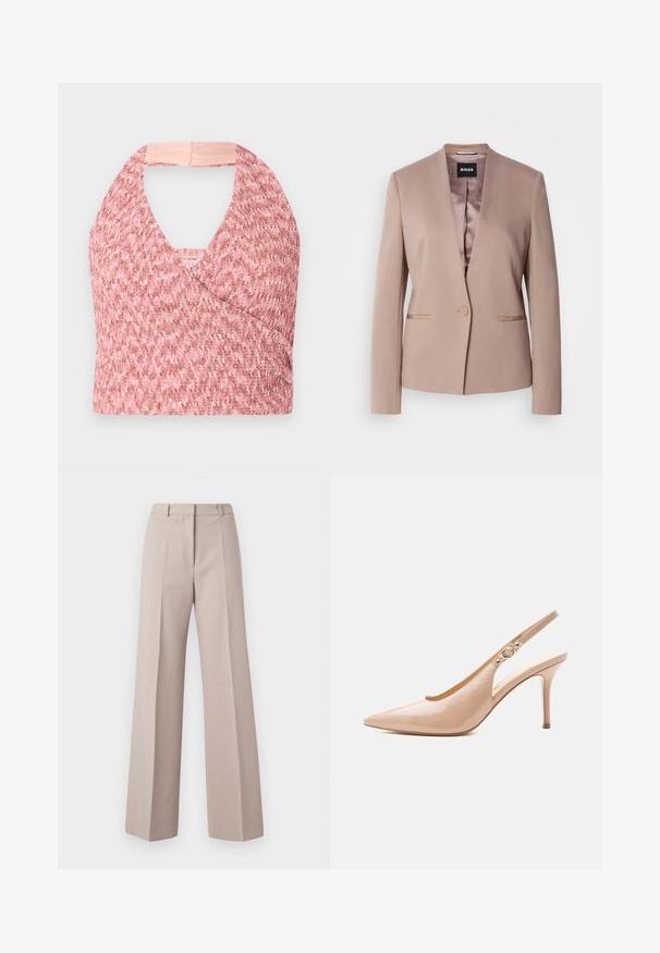 Blush-pinker Blazer mit Reverskragen, einer Knopfverschluss, zwei Fronttaschen und einem glatten Satinfutter. Weicher, strukturierter Stoff.; Helles rosa Halftertop aus strukturiertem Strickstoff mit Wickeldesign, das hinten ein weiches beige Band für einen sicheren Sitz hat.; Beige weit geschnittene Hosen aus einem glatten Stoff, mit hoher Taille, vorderen Falten und einer maßgeschneiderten Silhouette.; Beiger Lackleder High-Heel Slingback-Schuh mit spitzer Spitze und kleinem goldenen Schnallendetail am Riemen.