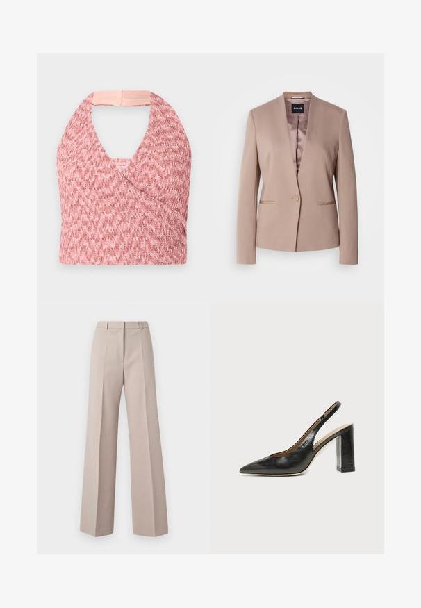 Blush-pinker Blazer mit Reverskragen, einer Knopfverschluss, zwei Fronttaschen und einem glatten Satinfutter. Weicher, strukturierter Stoff.; Helles rosa Halftertop aus strukturiertem Strickstoff mit Wickeldesign, das hinten ein weiches beige Band für einen sicheren Sitz hat.; Beige weit geschnittene Hosen aus einem glatten Stoff, mit hoher Taille, vorderen Falten und einer maßgeschneiderten Silhouette.; Schwarzer Leder-Slingback-Schuh mit spitzer Kappe, hohem Blockabsatz und beigegefüttertem Innenraum vor hellem, einfarbigem Hintergrund.