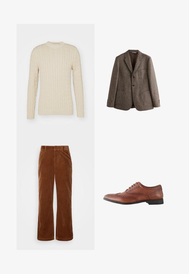 Blazer marrón de patrón de espiga con solapas de muesca, dos botones y bolsillos frontales. Tejido texturizado con un forro interior suave.; Suéter de punto de cable en color crema claro. Presenta cuello redondo, mangas largas, puños y dobladillo acanalados, con un patrón de superficie texturizado.; Pantalones de pana marrón con un diseño de pierna ancha, que presentan una textura acanalada vertical, cierre de botón y trabillas para cinturón estándar.; Zapato de hombre brogue de cuero marrón con perforaciones decorativas y suela negra, mostrado en vista lateral.