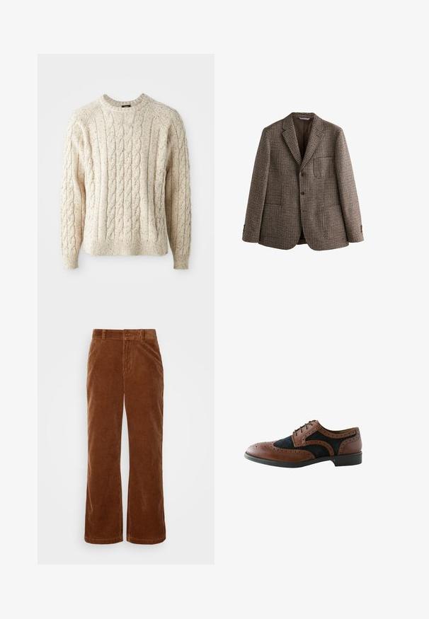 Blazer marrón de patrón de espiga con solapas de muesca, dos botones y bolsillos frontales. Tejido texturizado con un forro interior suave.; Suéter de punto trenzado color crema con cuello redondo, patrón texturizado y puños y dobladillo acanalados. Hecho de hilo suave y grueso.; Pantalones de pana marrón con un diseño de pierna ancha, que presentan una textura acanalada vertical, cierre de botón y trabillas para cinturón estándar.; Zapato de hombre brogue de cuero marrón y negro con perforaciones en la puntera alada y cierre de cordones, mostrado de lado sobre un fondo blanco.
