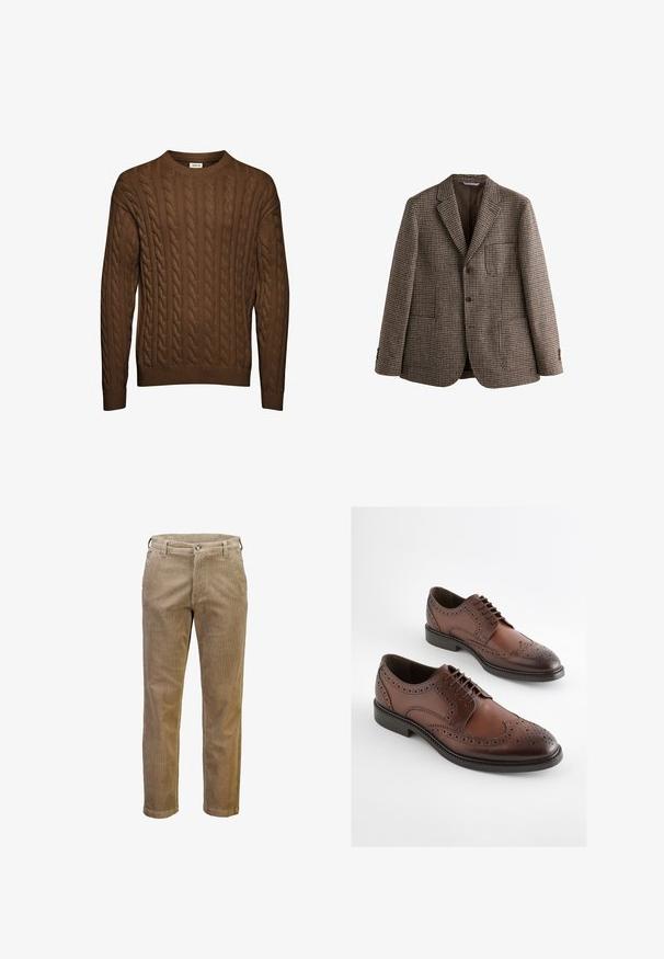 Brun houndstooth blazer med notch-lapel, to knapper og forlommer. Tekstureret stof med en glat inderside.; Brun kabelstrikket sweater med lange ærmer, ribbet manchetter og kant, samt rund halsudskæring, vist mod hvid baggrund.; Par beige kordbukser med knap- og lynlåslukning, bæltestropper og lige ben vist på hvid baggrund.; Brune læder brogue pent sko med perforerede detaljer og sorte såler, vist side om side på en hvid baggrund.