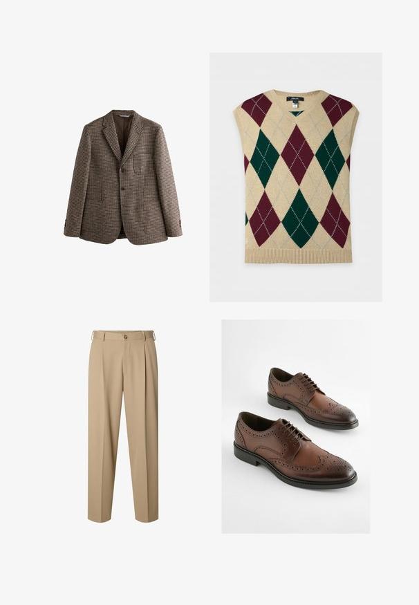 Bruine houndstooth blazer met notch-lapels, twee knopen en voorzakken. Textuurstof met een gladde binnenvoering.; Mouwloos beige gebreid sweatervest met groot groen en bordeaux argyle ruitpatroon en V-hals.; Beige op maat gemaakte broek met voorplooien, riemlussen, knoopsluiting en rechte pijpen.; Bruine leren derby schoenen met een brogue-design, puntige neus en platte rubberen zool. Fijne perforaties langs de randen.