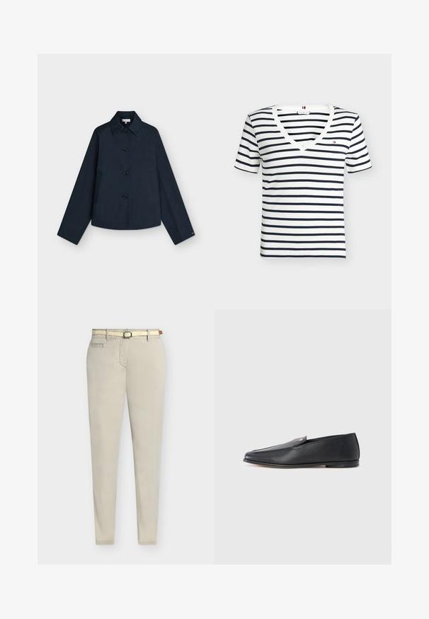Veste bleu marine boutonnée, manches longues, col pointu et deux poches latérales sur fond gris clair.; Chemise blanche à manches courtes avec des rayures horizontales noires et un col en V, avec un petit logo Tommy Hilfiger sur la poitrine gauche.; Pantalon beige ajusté avec poches avant et ceinture tissée beige avec un petit détail en cuir marron à la taille.; Mocassins en cuir noir à texture lisse, bout arrondi et détails de couture subtils. Ils présentent un accent logo doré sur le côté supérieur.