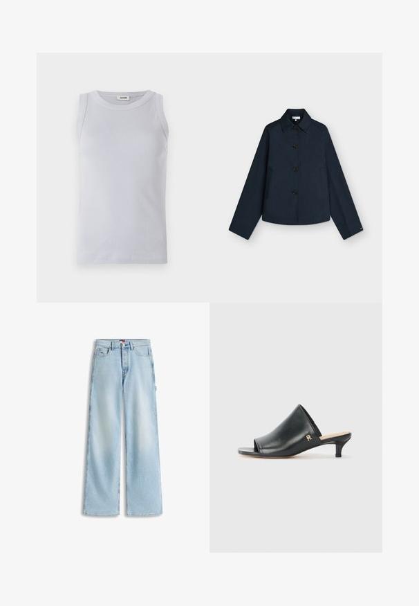 Marineblauwe jas met knopen, lange mouwen, puntige kraag en twee zijzakken op een lichtgrijze achtergrond.; Lichtblauw geribbeld tanktop met een ronde halslijn. Glad textuur en mouwloos ontwerp, voorzien van een subtiele merketiket op de halslijn.; Lichtblauwe wijde denim jeans met voorzakken, riemlussen en een knoopsluiting in de taille.; Zwarte leren open teen muiltjes met een lage hak. Heeft een glad oppervlak en een gouden logo accent aan de zijkant.