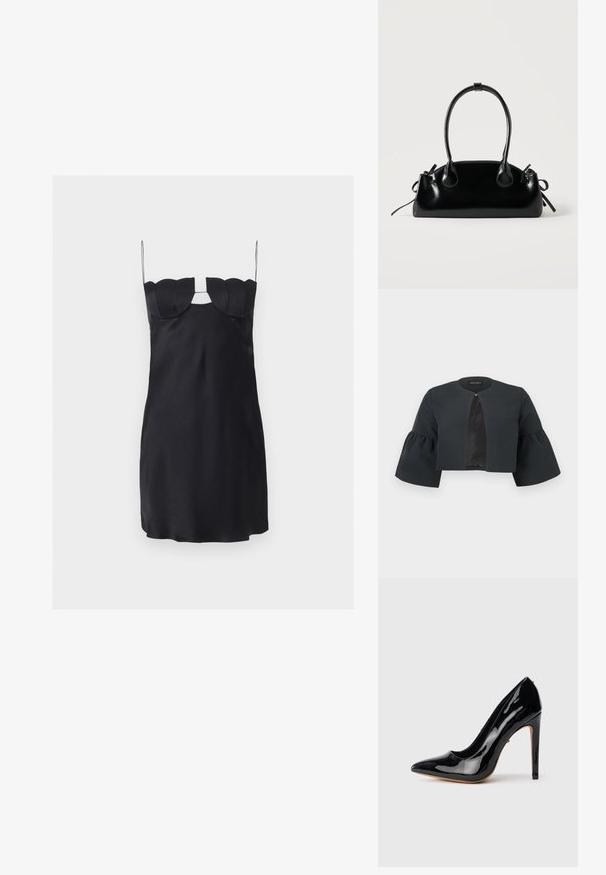 Veste noire courte avec encolure ronde, larges manches cloche trois-quarts et petite fermeture à clip au centre avant.; Mini-robe noire avec un buste structuré en forme de coquillage, fines bretelles spaghetti et une découpe en forme de trou de serrure sous le décolleté.; Escarpin à talon haut en cuir verni noir, avec une pointe effilée, une silhouette élancée et un talon aigu de 10 cm. Texture lisse et brillante.; Petit sac à main noir brillant avec deux longues anses et des détails à cordon sur les côtés sur un fond clair uni.