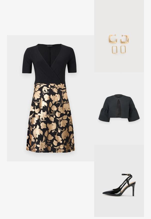 Veste noire courte avec encolure ronde, larges manches cloche trois-quarts et petite fermeture à clip au centre avant.; Robe portefeuille noire à manches courtes. Le corsage est entièrement noir, tandis que la jupe présente des motifs floraux dorés sur fond noir.; Escarpin en cuir verni noir à talon haut, avec un bout pointu, une bride réglable à la cheville et des côtés ouverts. Texture lisse.; Deux paires de Boucles d'oreilles créoles géométriques dorées sur une surface blanche unie, une paire carrée et pleine, une paire rectangulaire et creuse.