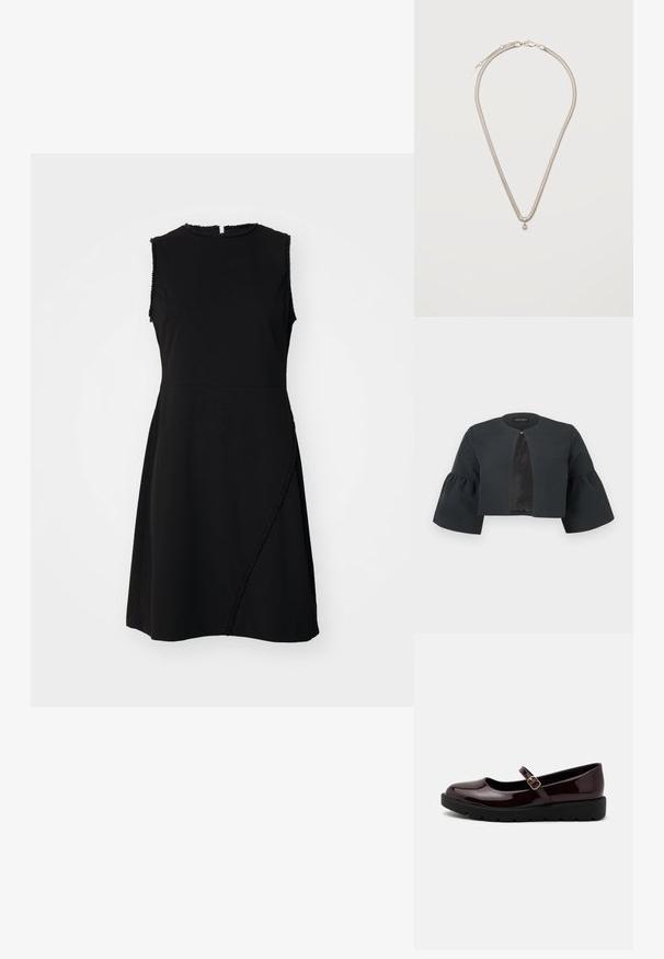Veste noire courte avec encolure ronde, larges manches cloche trois-quarts et petite fermeture à clip au centre avant.; Robe noire sans manches avec un col rond, une finition texturée et une couture courbée avec des détails décoratifs sur le devant.; Chaussures Mary Jane vernies bordeaux avec un bout arrondi, une sangle à boucle réglable et une semelle plateforme texturée noire.; Collier chaîne fine en argent avec un petit pendentif rond en argent, fermé par un fermoir mousqueton sur un fond blanc uni.