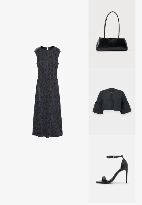 Veste noire courte avec encolure ronde, larges manches cloche trois-quarts et petite fermeture à clip au centre avant.; Robe noire à imprimé floral avec un bustier ajusté et une jupe évasée, dotée de manches courtes et d'une fermeture éclair au dos. Texture de tissu lisse.; Sandale noire à talons hauts au design épuré, avec une bride au niveau de la cheville, un bout ouvert et une texture en cuir lisse.; Sac à épaule rectangulaire noir avec de longues bretelles fines et une texture lisse et brillante sur un fond uni.