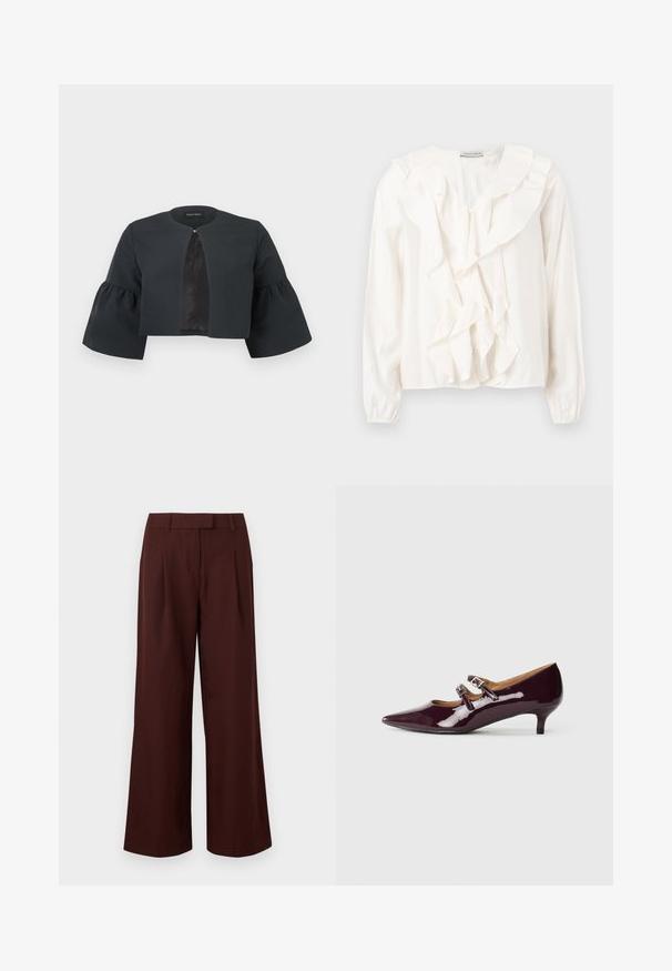 Zwarte cropped jas met ronde halslijn, brede driekwartflared mouwen en een klein sluitinkje aan de voorzijde in het midden.; Witte blouse met een gerimpeld voorkantontwerp, zachte stof, lange mouwen en knoopsluitingen. Voorzien van een gestructureerde kraag en gerimpelde manchetten.; Wijde, high-waist broek in donkerbruin met riemlussen en voorplooien, afgebeeld tegen een effen witte achtergrond.; Paarse gepatineerde leren hakken met een spitse neus, twee gesps onderdelen en een lage hak. Glad textuur met een glanzende afwerking.