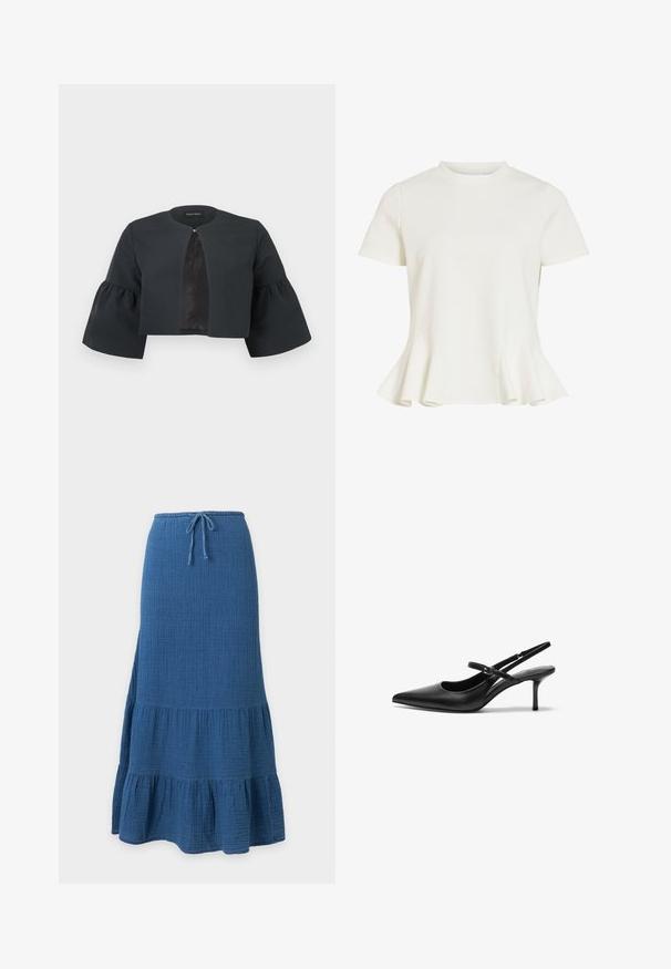 Veste noire courte avec encolure ronde, larges manches cloche trois-quarts et petite fermeture à clip au centre avant.; Blouse blanche à manches courtes avec col rond et ourlet évasé à basque, tissu lisse et design simple et ajusté.; Jupe longue bleue avec ourlet à volants superposés et taille à cordon en tissu texturé.; Talons aiguilles noires en cuir avec un bout pointu, une fine bride réglable, et un talon aiguille d'environ 5 cm, texture lisse.