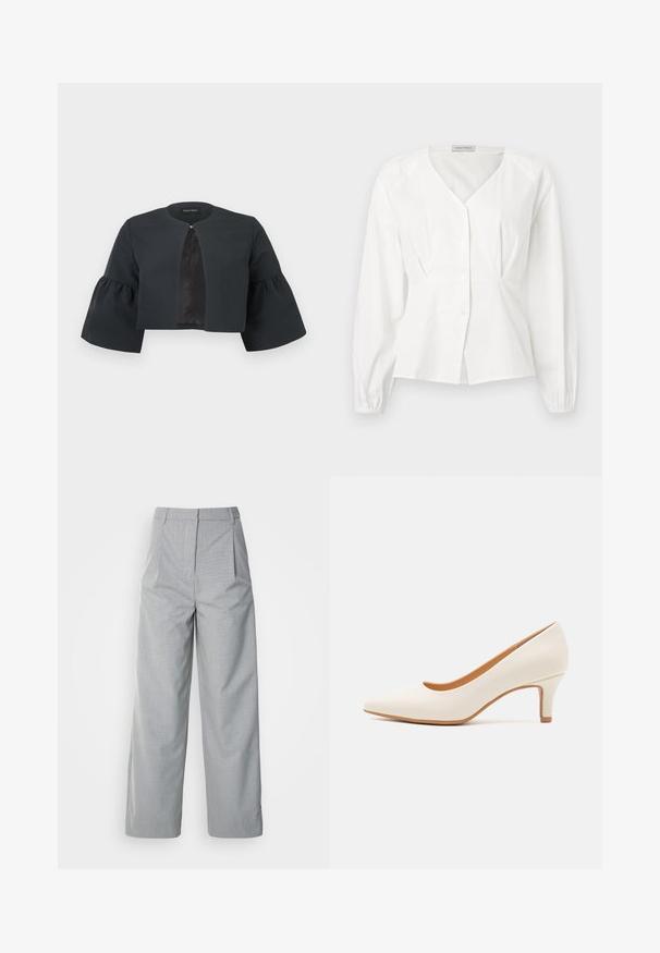 Veste noire courte avec encolure ronde, larges manches cloche trois-quarts et petite fermeture à clip au centre avant.; Blouse blanche à manches longues avec col en V, boutonnée à l'avant, taille cintrée et poignets élastiques, présentée sur un fond uni.; Pantalons larges gris en tissu texturé, avec une taille haute, des plis à l'avant et une coupe droite jusqu'à l'ourlet.; Chaussure à talon haute en cuir blanc avec un bout pointu et un talon fin, légèrement incliné. Texture lisse avec un design minimaliste et une semelle beige.