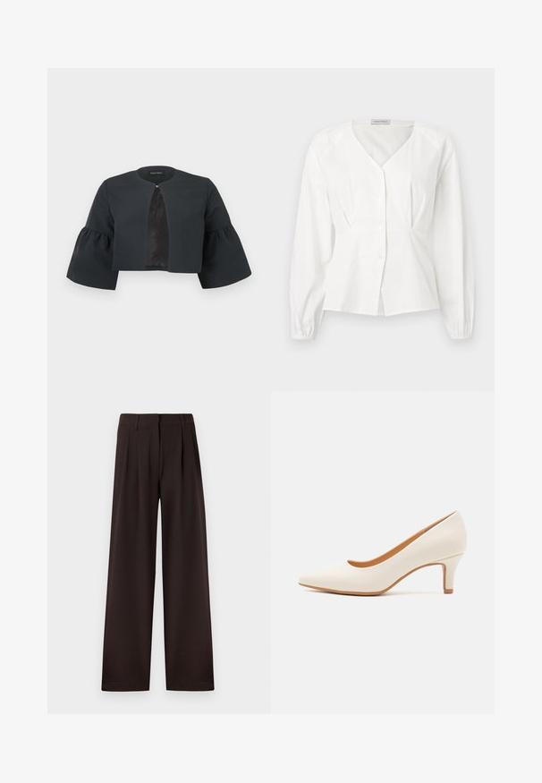 Veste noire courte avec encolure ronde, larges manches cloche trois-quarts et petite fermeture à clip au centre avant.; Blouse blanche à manches longues avec col en V, boutonnée à l'avant, taille cintrée et poignets élastiques, présentée sur un fond uni.; Pantalon marron foncé à jambes larges avec plis et passants pour ceinture, doté d'une fermeture éclair avant et d'un ourlet net sur un fond uni.; Chaussure à talon haute en cuir blanc avec un bout pointu et un talon fin, légèrement incliné. Texture lisse avec un design minimaliste et une semelle beige.