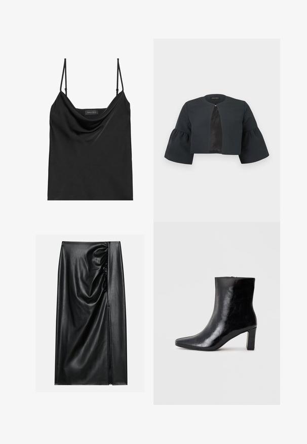 Zwarte cropped jas met ronde halslijn, brede driekwartflared mouwen en een klein sluitinkje aan de voorzijde in het midden.; Zwarte cami-top met een colhals en dunne verstelbare bandjes. Heeft een zachte stof, relaxed fit en een eenvoudig ontwerp zonder versieringen.; Zwarte leren rok met een soepele textuur, voorzien van een geplooid gedeelte aan één kant en een zijspleet voor extra detail.; Zwarte enkellaars gemaakt van glanzend leer, met een puntige neus en een gemiddelde blokhak, voorzien van een gladde textuur en een eenvoudig ontwerp.