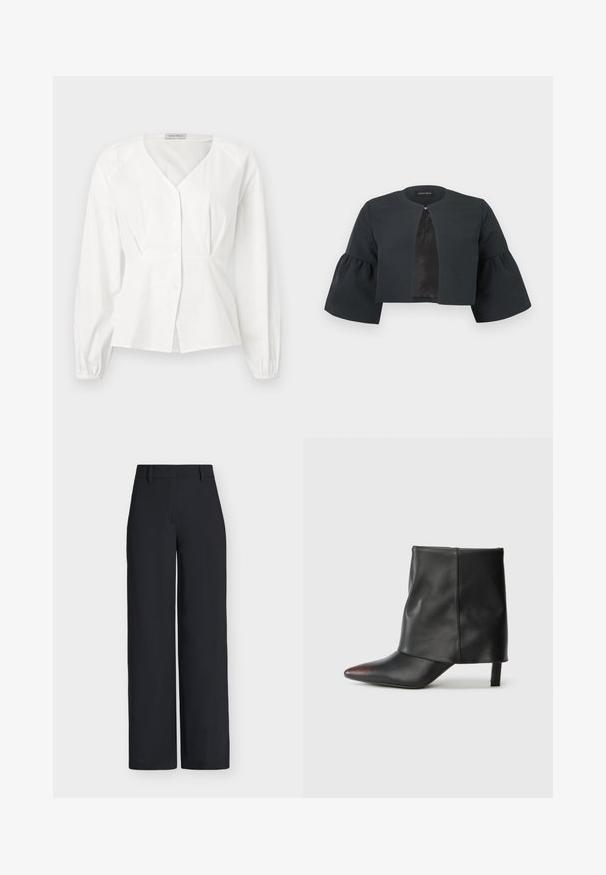 Zwarte cropped jas met ronde halslijn, brede driekwartflared mouwen en een klein sluitinkje aan de voorzijde in het midden.; Witte blouse met lange mouwen en V-hals, knopen aan de voorkant, getailleerde taille en elastische manchetten, getoond op een effen achtergrond.; Zwarte broek met hoge taille en wijde pijpen, riemlussen en een verborgen voorzijde sluiting.; Zwarte enkellaars van glad leer met een puntige neus en een taps toelopende hak. Het bovenwerk heeft een licht geplooid ontwerp.