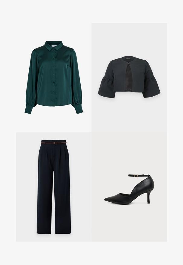 Zwarte cropped jas met ronde halslijn, brede driekwartflared mouwen en een klein sluitinkje aan de voorzijde in het midden.; Donkergroene satijnen blouse met een kraag, knopen aan de voorkant en vermoedelijke lange mouwen. Heeft een gladde textuur en een getailleerde pasvorm.; Zwarte hoogtailored, wijde broek met plooien en een dunne, bruine gevlochten riem, weergegeven op een witte achtergrond.; Zwarte leren pumps met een spits toelopende neus, kitten heel, enkelbandje en gouden gesp op een neutrale achtergrond.