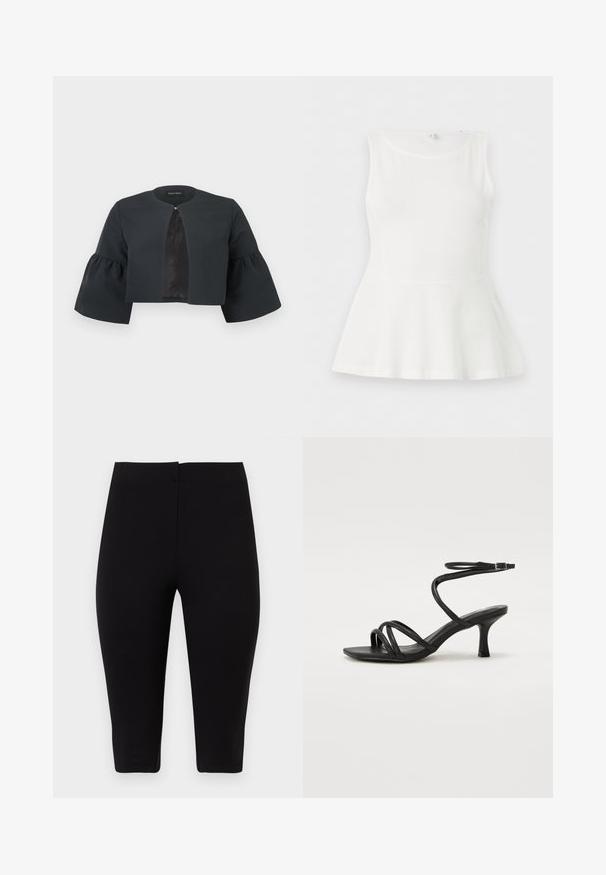 Veste noire courte avec encolure ronde, larges manches cloche trois-quarts et petite fermeture à clip au centre avant.; Haut blanc sans manches avec basque, encolure ronde et taille cintrée, présenté à plat sur un fond blanc uni.; Leggings courts noirs, taille haute, ajustés, avec une taille lisse, fabriqués en tissu extensible, présentés sur un fond blanc.; Even&Odd Wide Fit Sandales - black