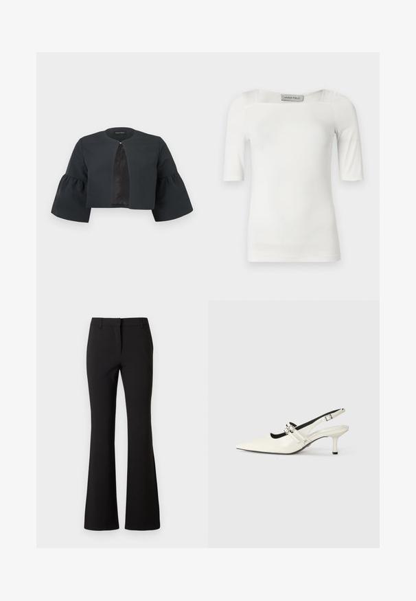 Zwarte cropped jas met ronde halslijn, brede driekwartflared mouwen en een klein sluitinkje aan de voorzijde in het midden.; Wit T-shirt met korte mouwen en een vierkante halslijn, gemaakt van een gladde stof, met subtiele naaddetails op de schouders en zijkanten.; Zwarte wijde broek van gladde stof, met een voorplooi, riemlussen en een getailleerde pasvorm. Eenvoudig ontwerp zonder zichtbare patronen.; Puntige slingback-schoen van glanzend wit leer met twee verstelbare gespbandjes en een 6 cm stilettohak.
