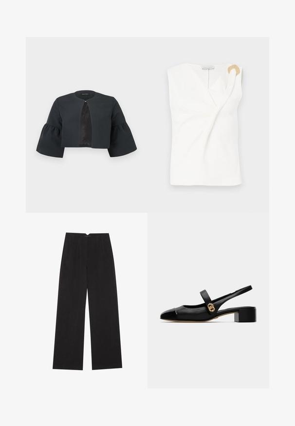 Zwarte cropped jas met ronde halslijn, brede driekwartflared mouwen en een klein sluitinkje aan de voorzijde in het midden.; Mouwloze witte blouse met een wikkelontwerp, voorzien van een decoratieve ring in goudkleur op de rechter schouder.; Anna Field Broek - black; Zwarte leren slingback schoen met een ronde neus, met een glanzende voorkant en een gouden accent op de band, bevestigd met een kleine blokhak.
